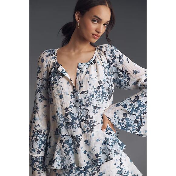 Anthropologie Maeve Long-Sleeve V-Neck Mini Swing Dress Blue Floral Medium New - Picture 2 of 10